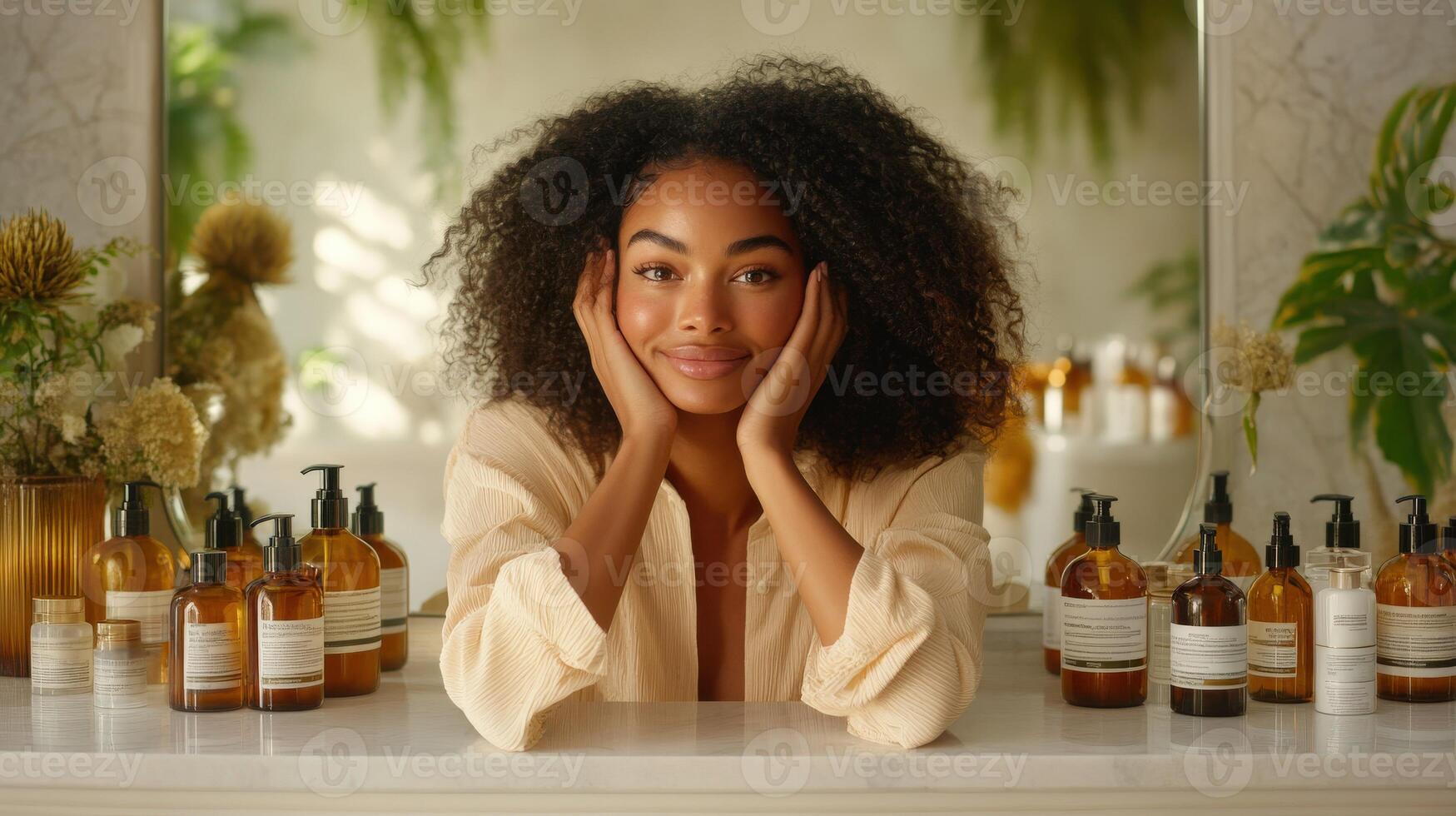 A woman with curly hair sitting in front of a mirror with many bottles of products photo