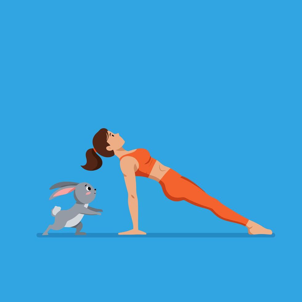 Woman Practicing Yoga Upward Plank Pose with Rabbit on Blue Background vector