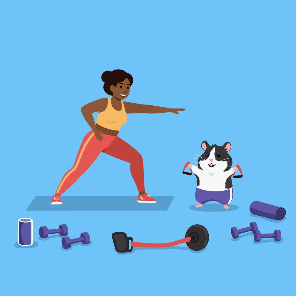 Woman Stretching with Hamster Working Out Training Together at Gym vector