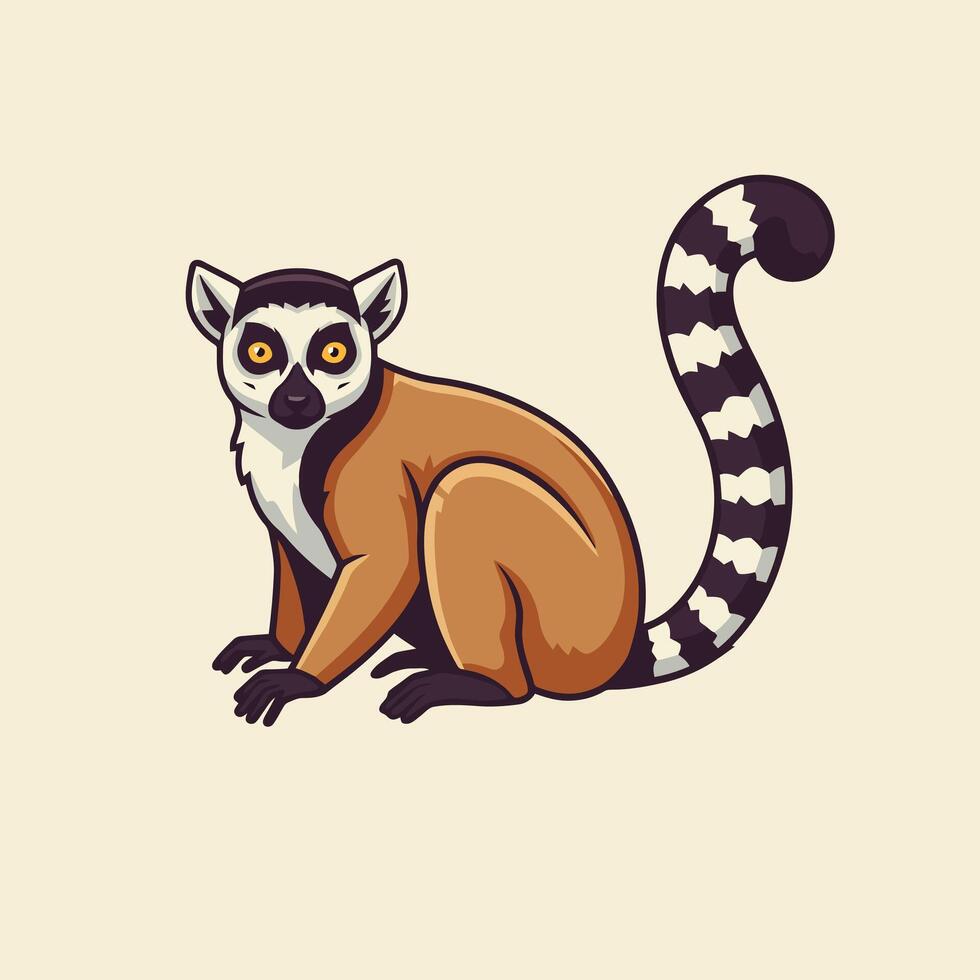 Cartoon Lemur Sitting with Striped Tail on Cream Background vector