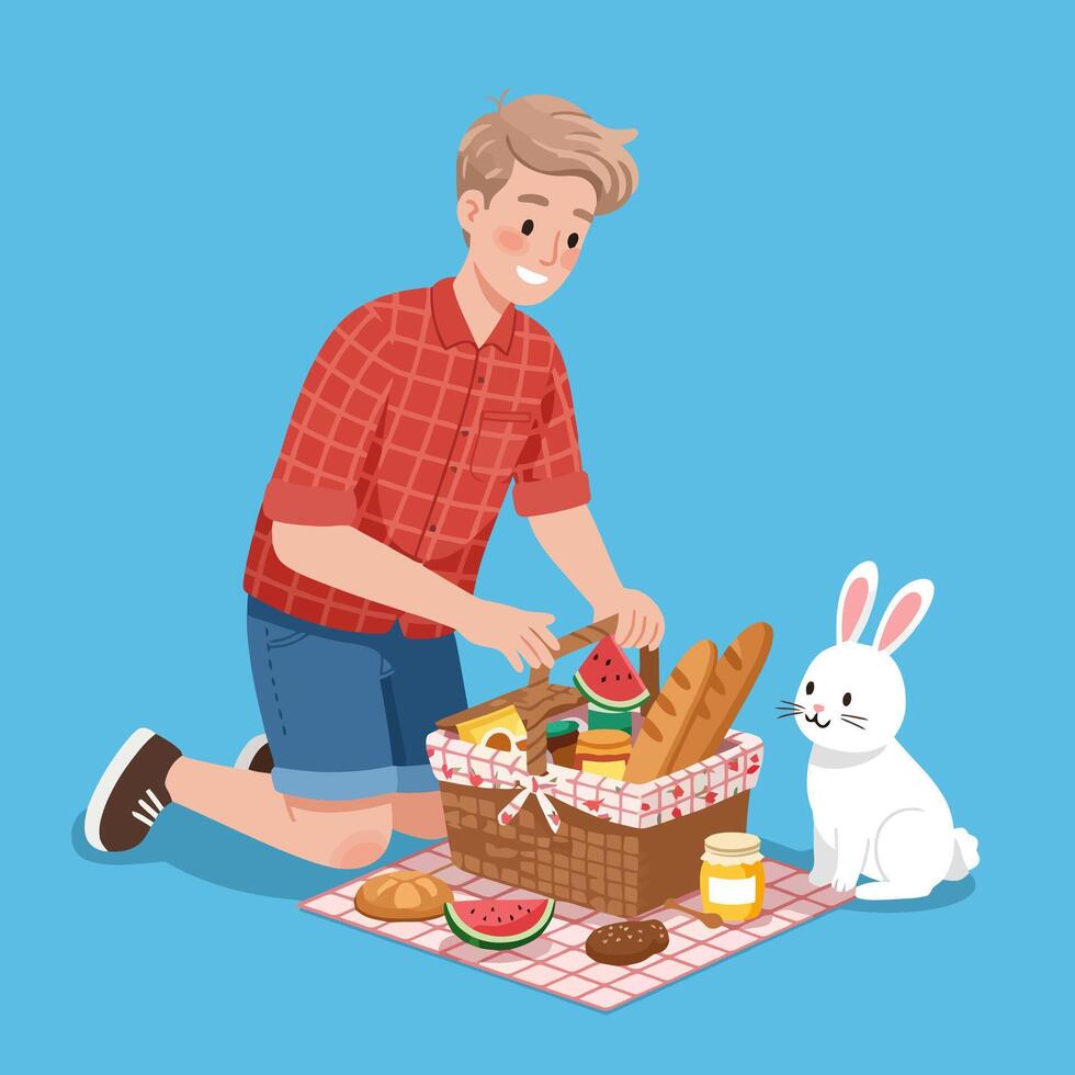 Man Preparing Picnic Basket with Food Alongside White Rabbit Illustration vector