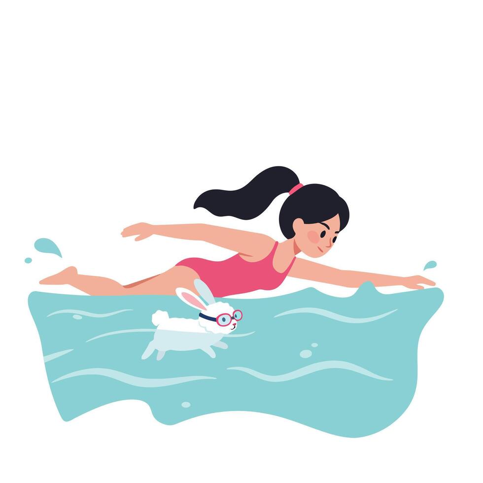 Woman Swimming in Water with Rabbit Illustration Style Animation vector