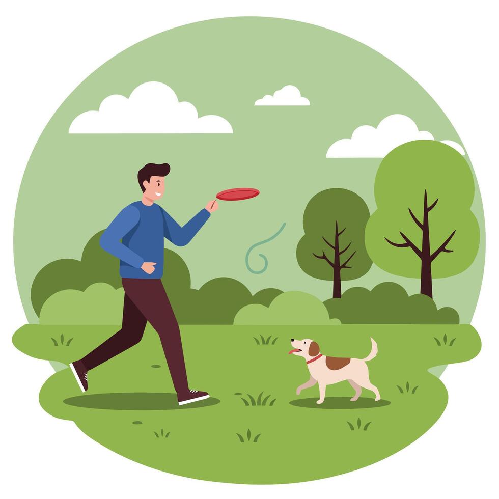 Man Playing Frisbee with Dog in Green Park on Sunny Day vector