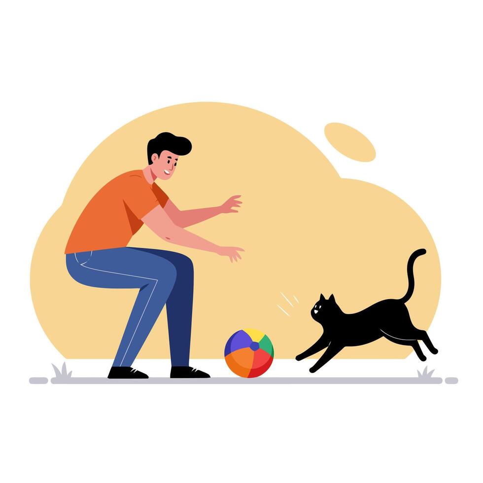 Man Playing with His Black Cat and Colorful Ball Outdoors vector