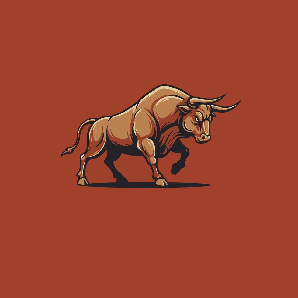 Illustration of Muscular Brown Bull Charging Forward on Solid Color Background vector