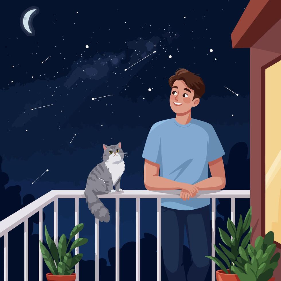 Man and Cat Watching Shooting Stars on Balcony at Night vector