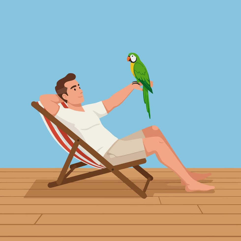 Relaxing Man with Parrot on Hand Reclining on Beach Chair vector