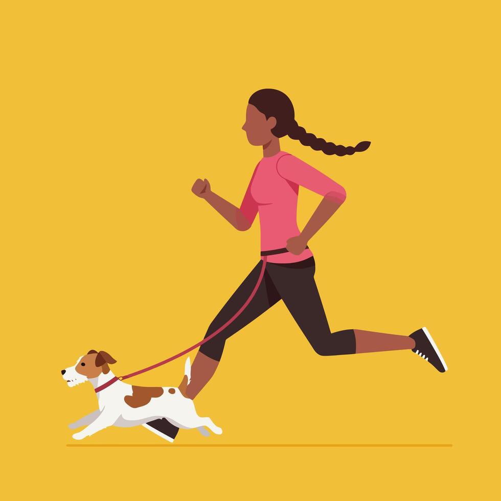 Woman Jogging with Dog Outdoor on Sunny Day for Exercise vector