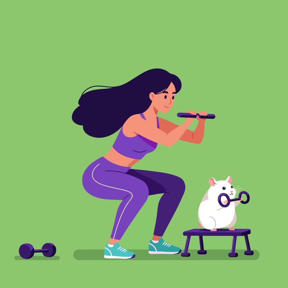Woman Doing Squats with Dumbbells and Hamster Exercising Too vector