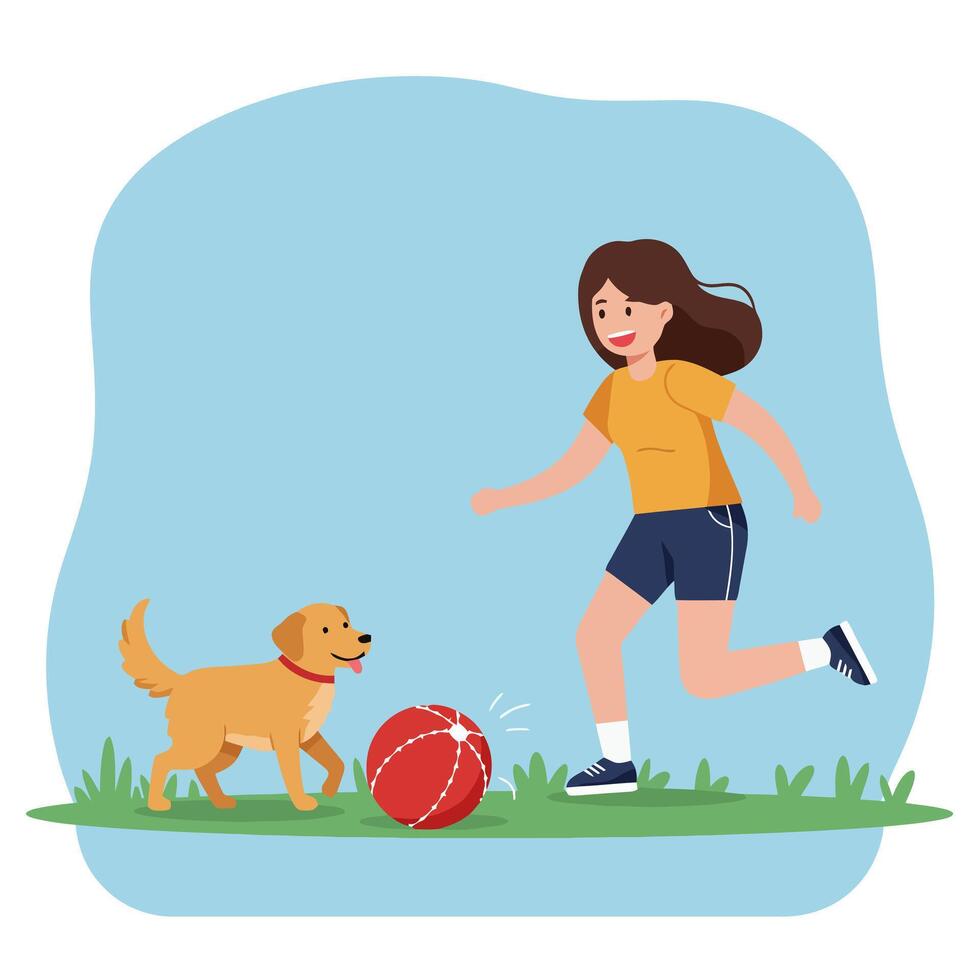 Woman Playing with Dog Chasing a Ball Outdoors in Sunlight vector