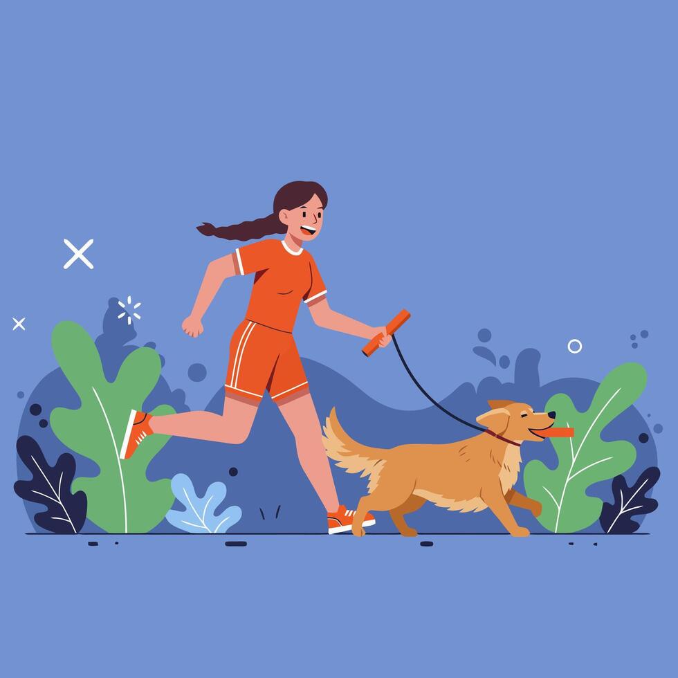 Woman Running with Dog in Park for Fitness and Exercise vector