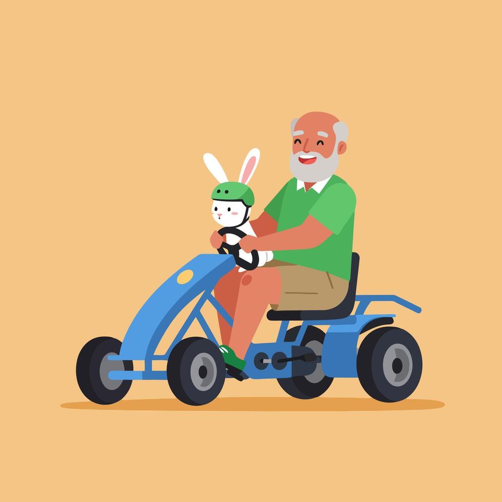 Happy Senior Man Drives Pedal Car with Stuffed Rabbit Toy vector