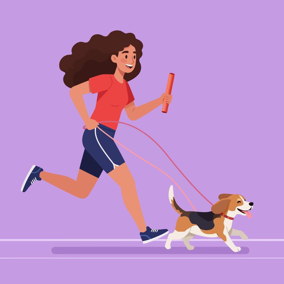 Woman Running with Dog Holding Baton in Animated Style vector