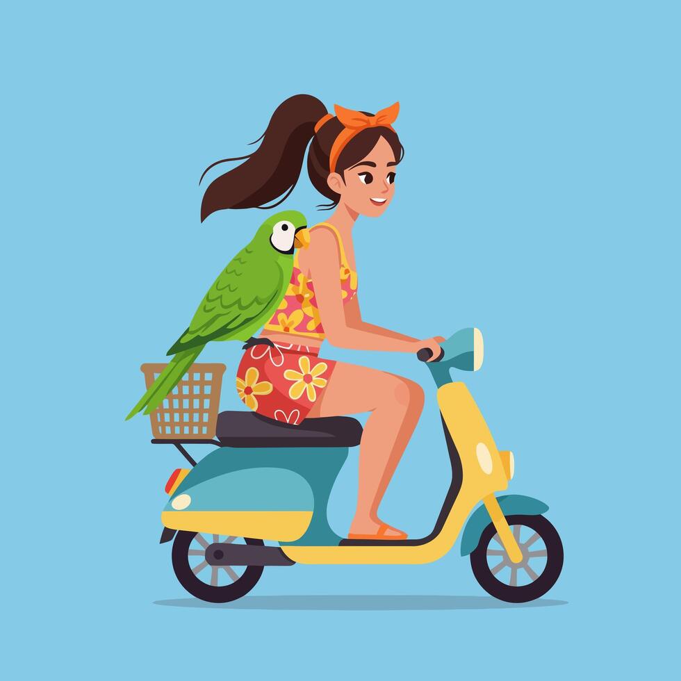Woman Riding Scooter with Parrot Perched on Her Shoulder vector
