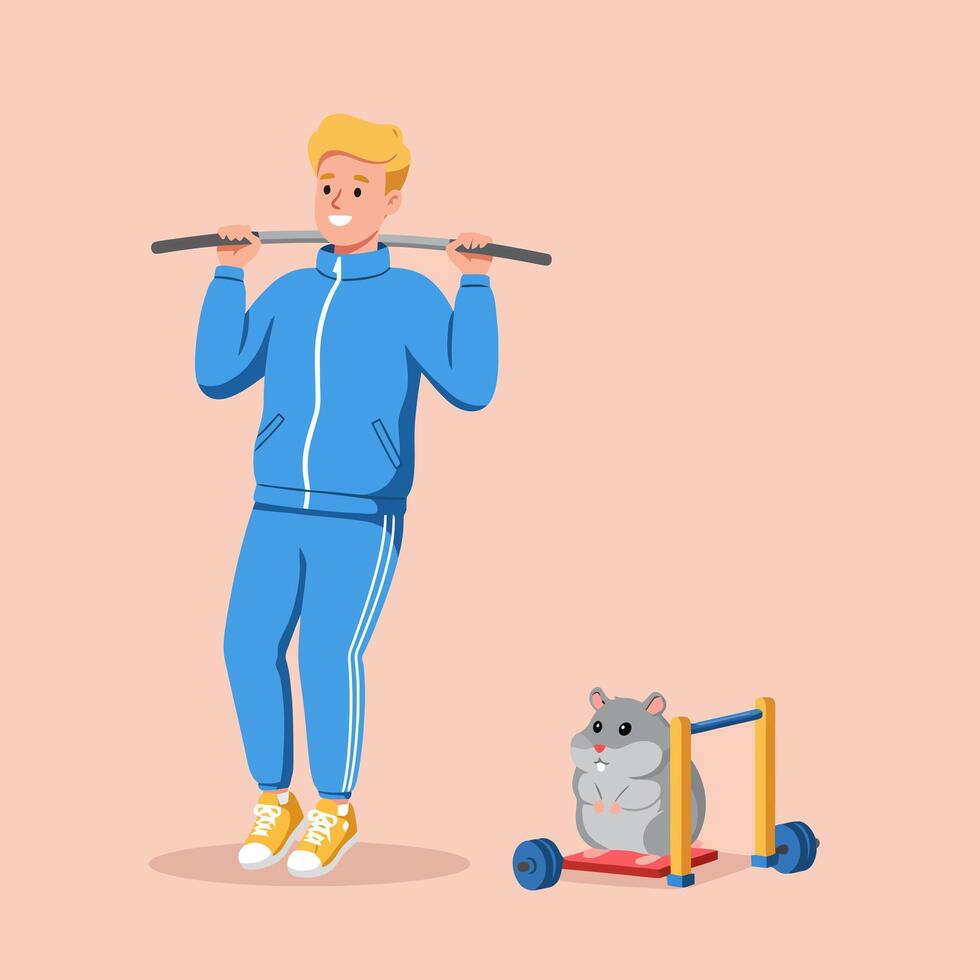 Man Exercising with Barbell and Hamster Lifting Small Weight vector
