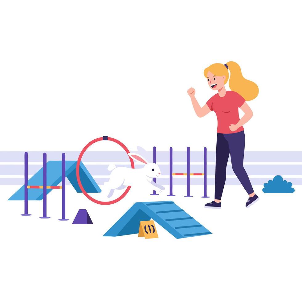 Rabbit Jumping Through Hoop Obstacle Course While Trainer Cheers Happily vector
