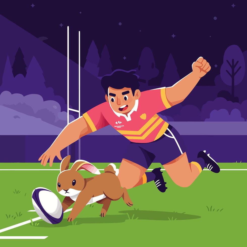 Rugby Player Diving with Rabbit Illustration on Field at Night vector