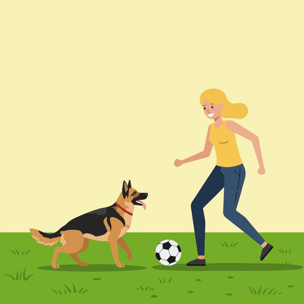 Woman Playing Soccer with Her Dog in the Yard Graphic vector