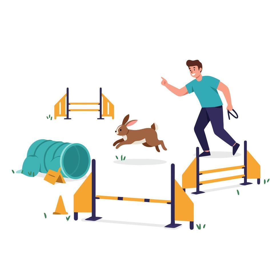 Rabbit Agility Training with Man Jumping Over Hurdles Together vector