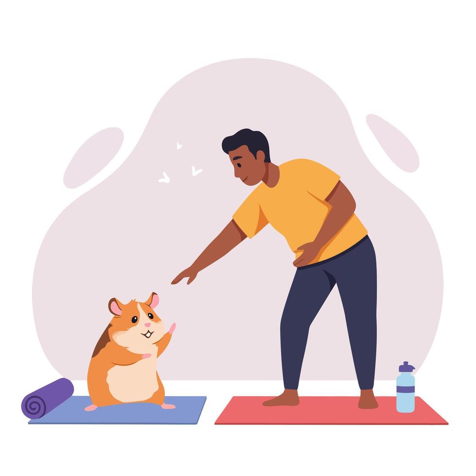 Man and Hamster Training Together on Yoga Mats in Room vector