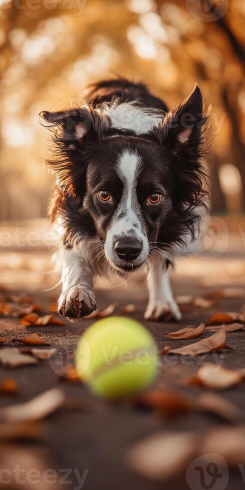 Dog eagerly chases tennis ball in autumn park photo