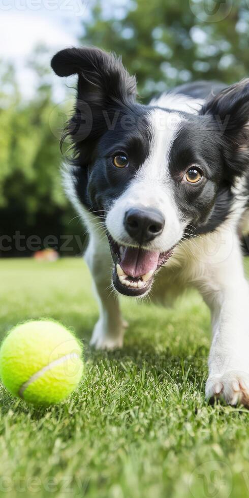 Playful dog enjoys fetching a bright green ball in park photo