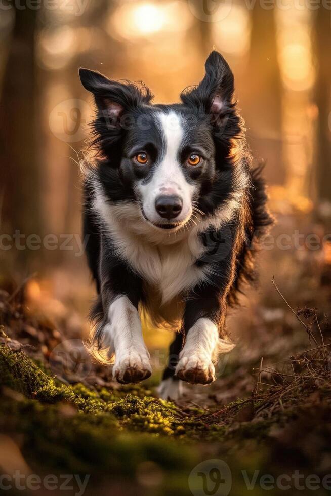 Border collie running through a forest at sunset photo
