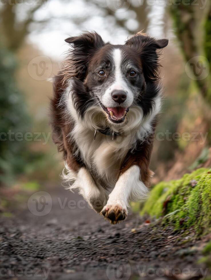 A dog running on a path in the woods photo