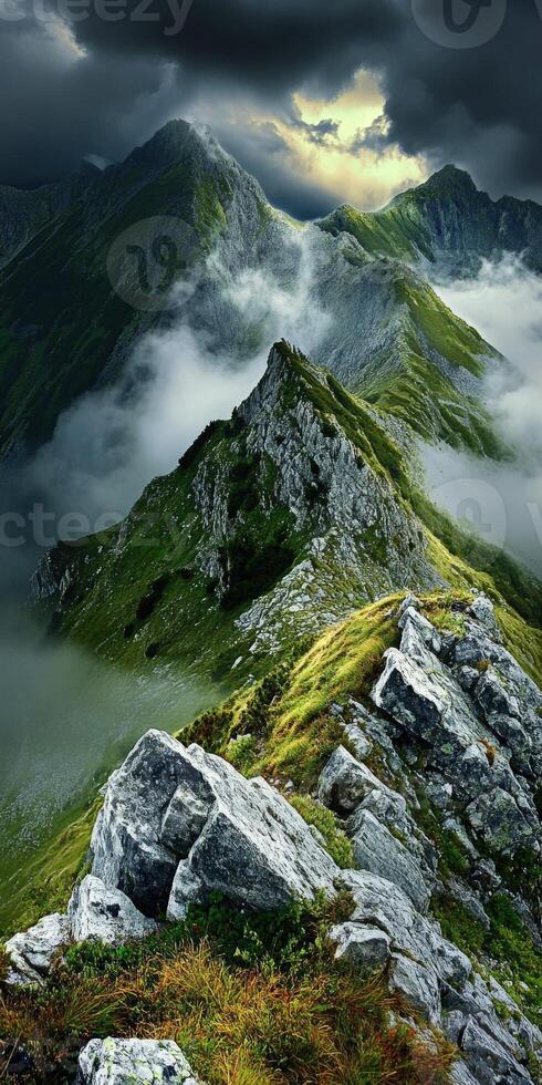 A mountain range with clouds and grass photo