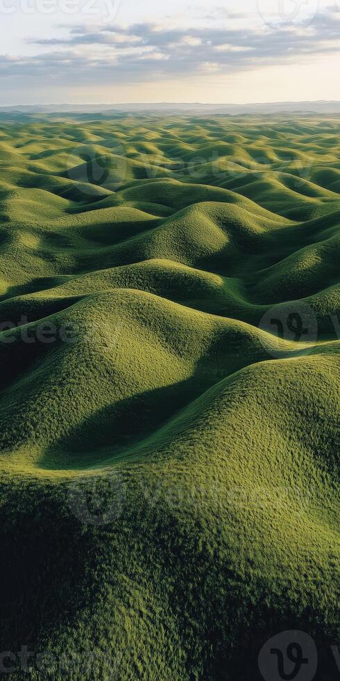 A large green field with many hills photo