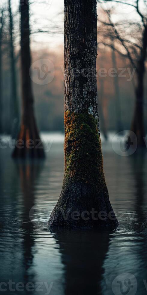 A tree trunk in the water with moss growing on it photo