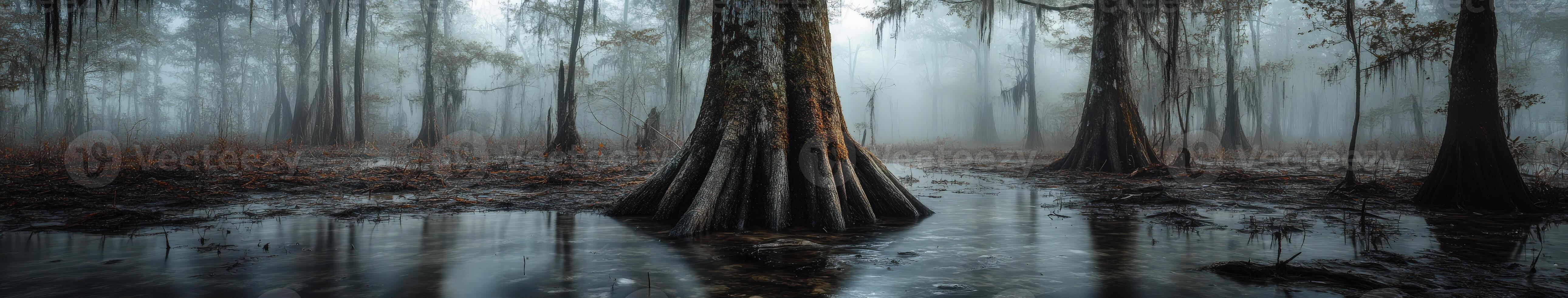 A swamp with trees and water in the fog photo