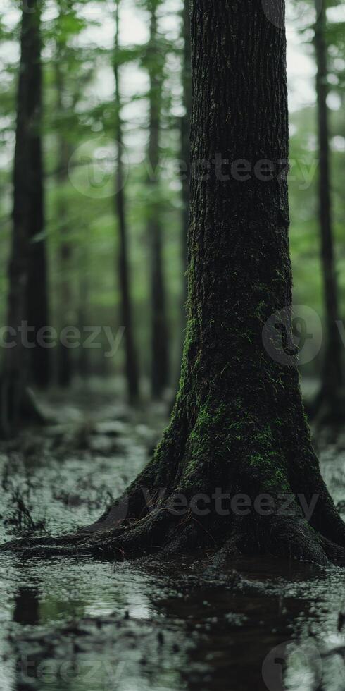 A tree trunk in a swampy forest photo