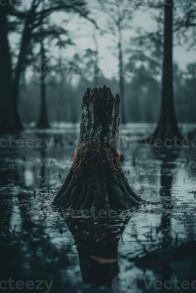 A tree stump in the middle of a swamp photo