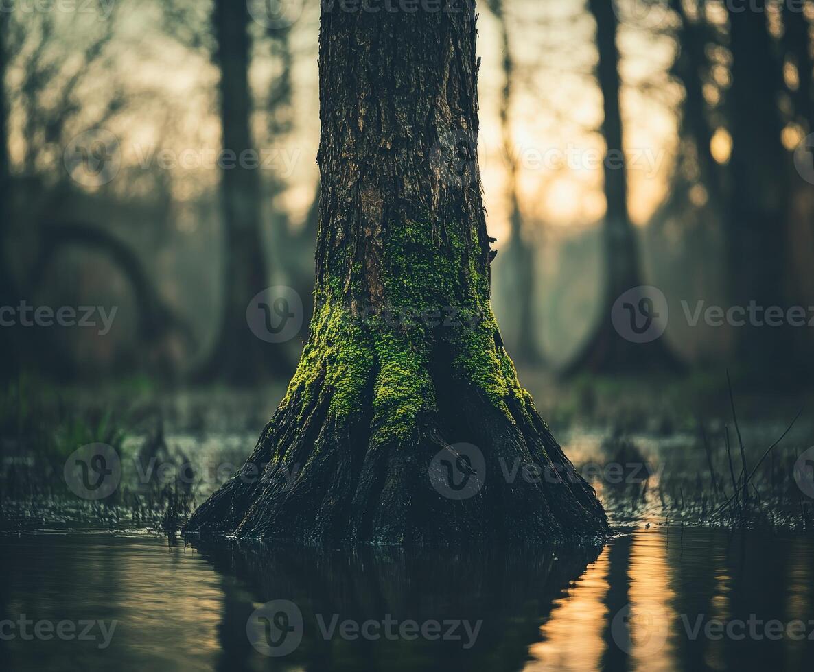 A tree trunk in the swamp with moss growing on it photo