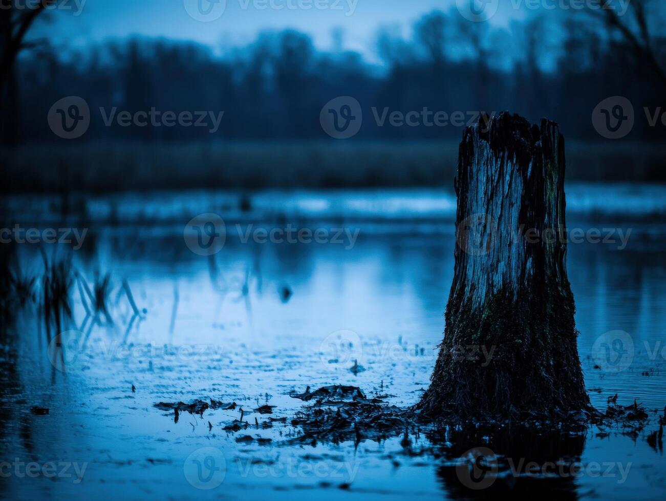 A tree stump in the middle of a flooded field photo