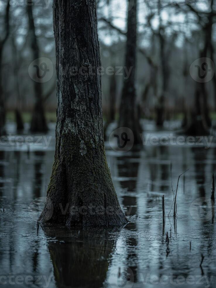 A tree trunk is submerged in water photo