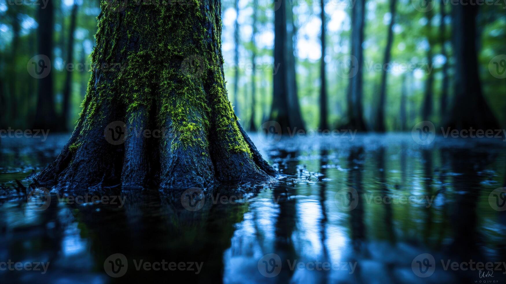 Mystical cypress trees reflecting in still water at dusk photo