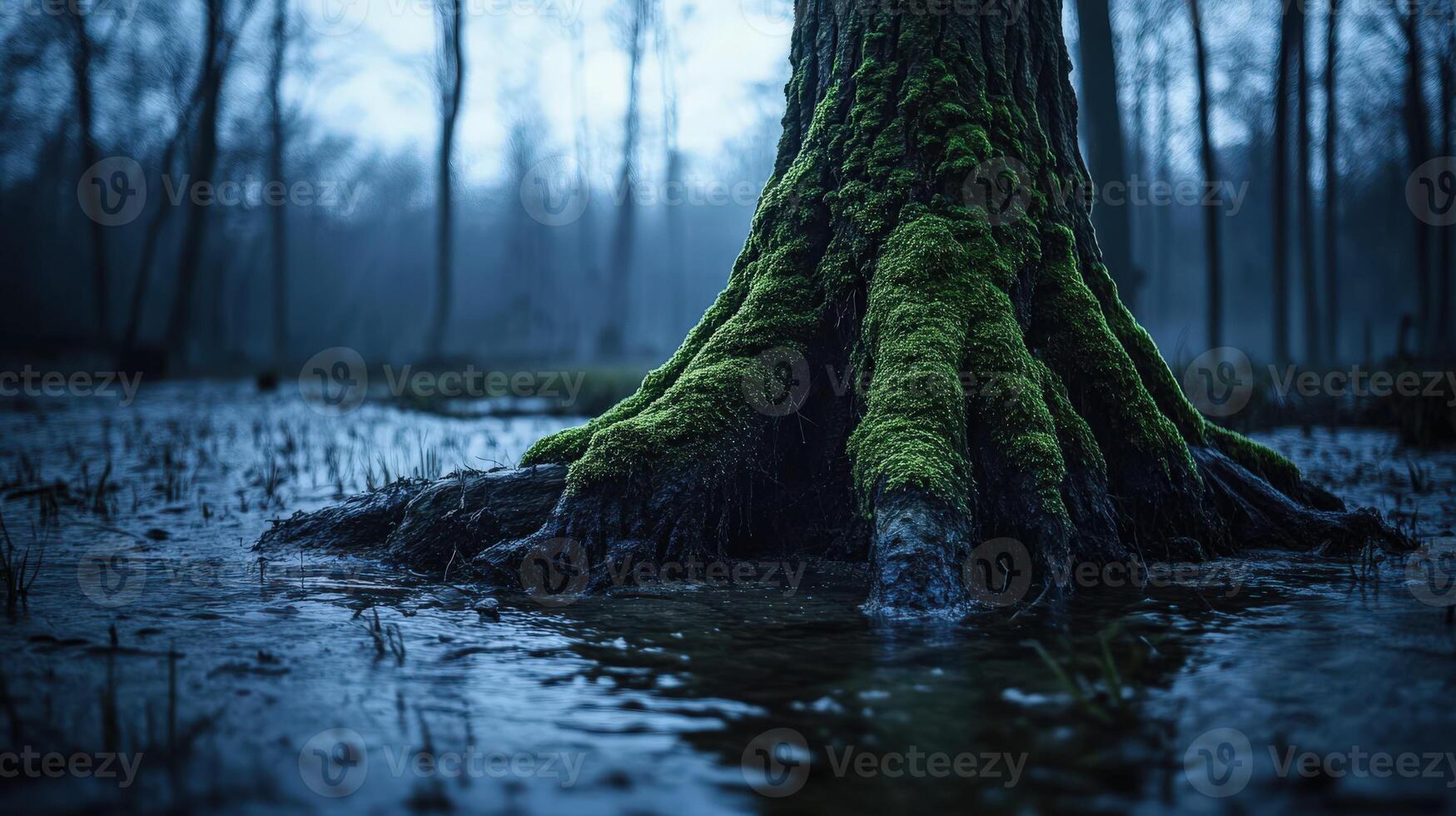 Mossy tree roots in a serene forest at dusk photo