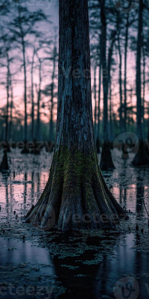 A tree with roots in the middle of a swamp photo