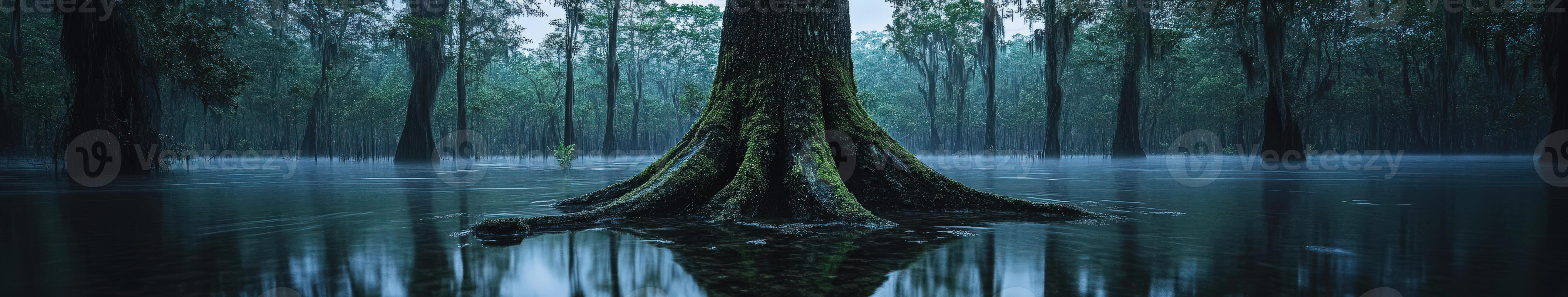 Moss-covered tree roots reflected in calm water photo