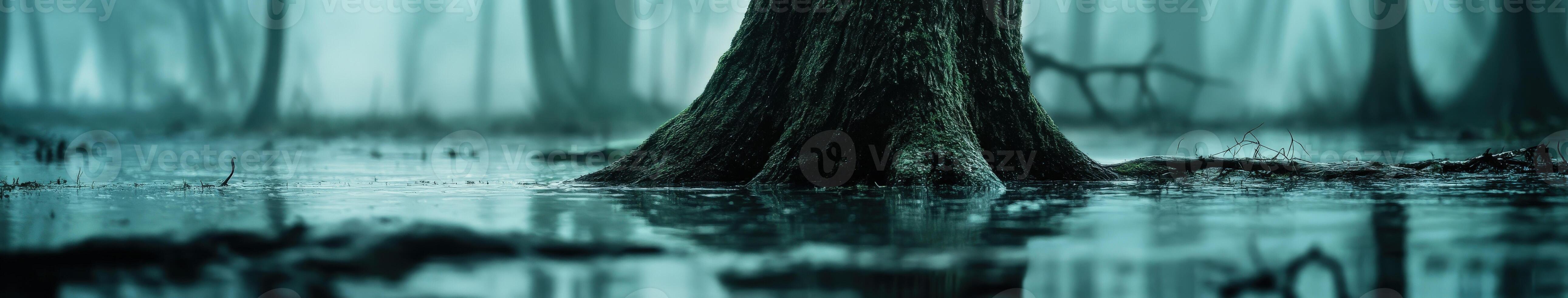Tall tree trunk rises from misty water in wetland photo
