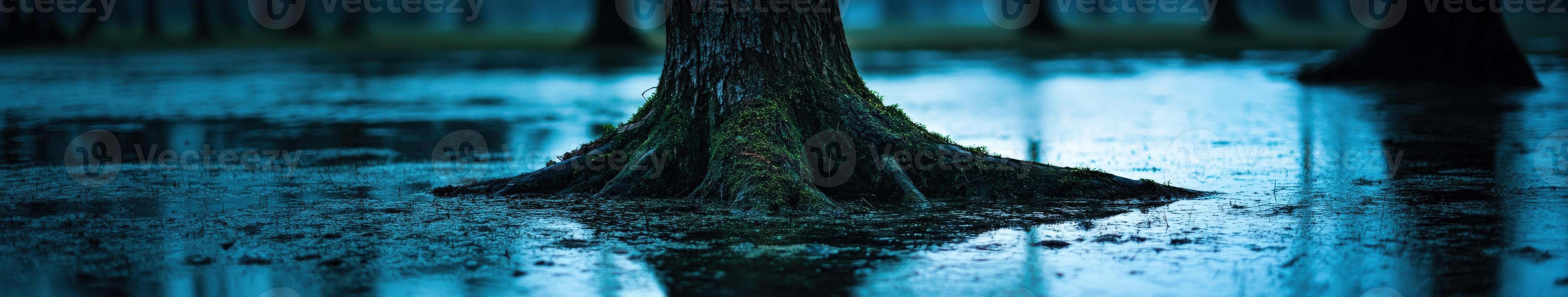 Moss-covered tree trunk in serene water reflection photo