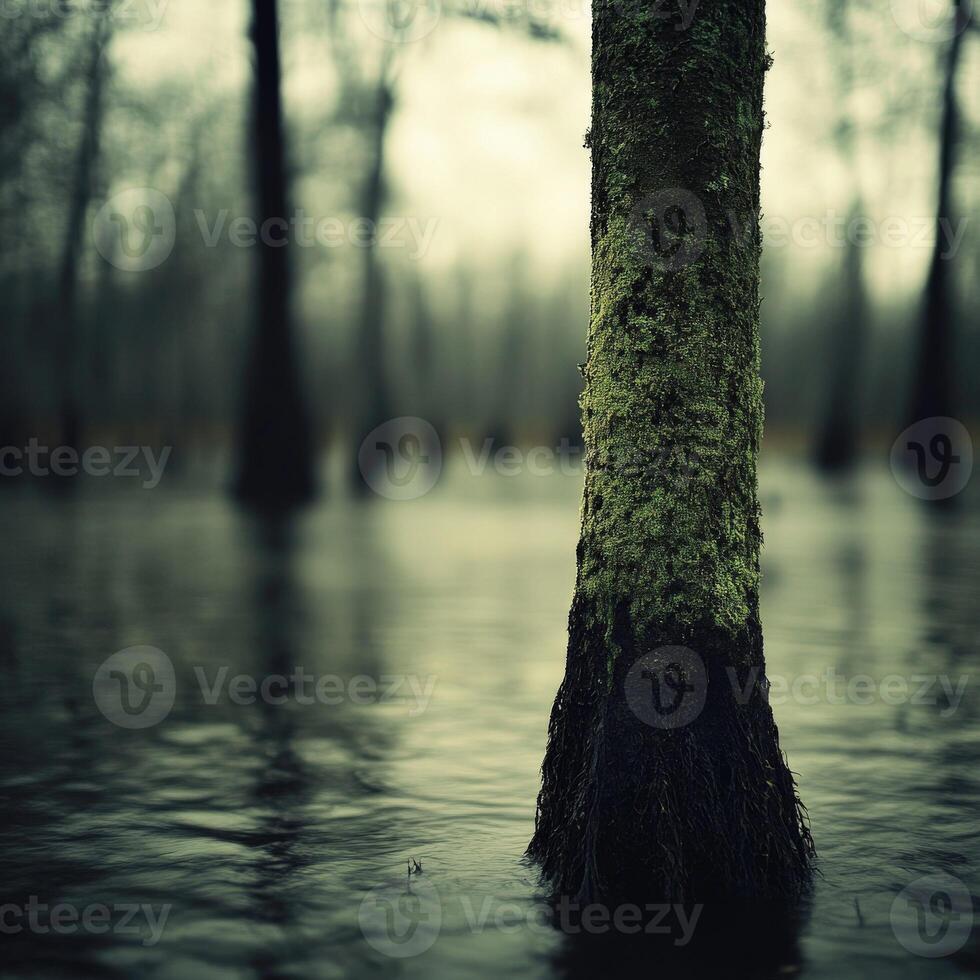 Moss-covered tree trunk in a serene wetland setting photo