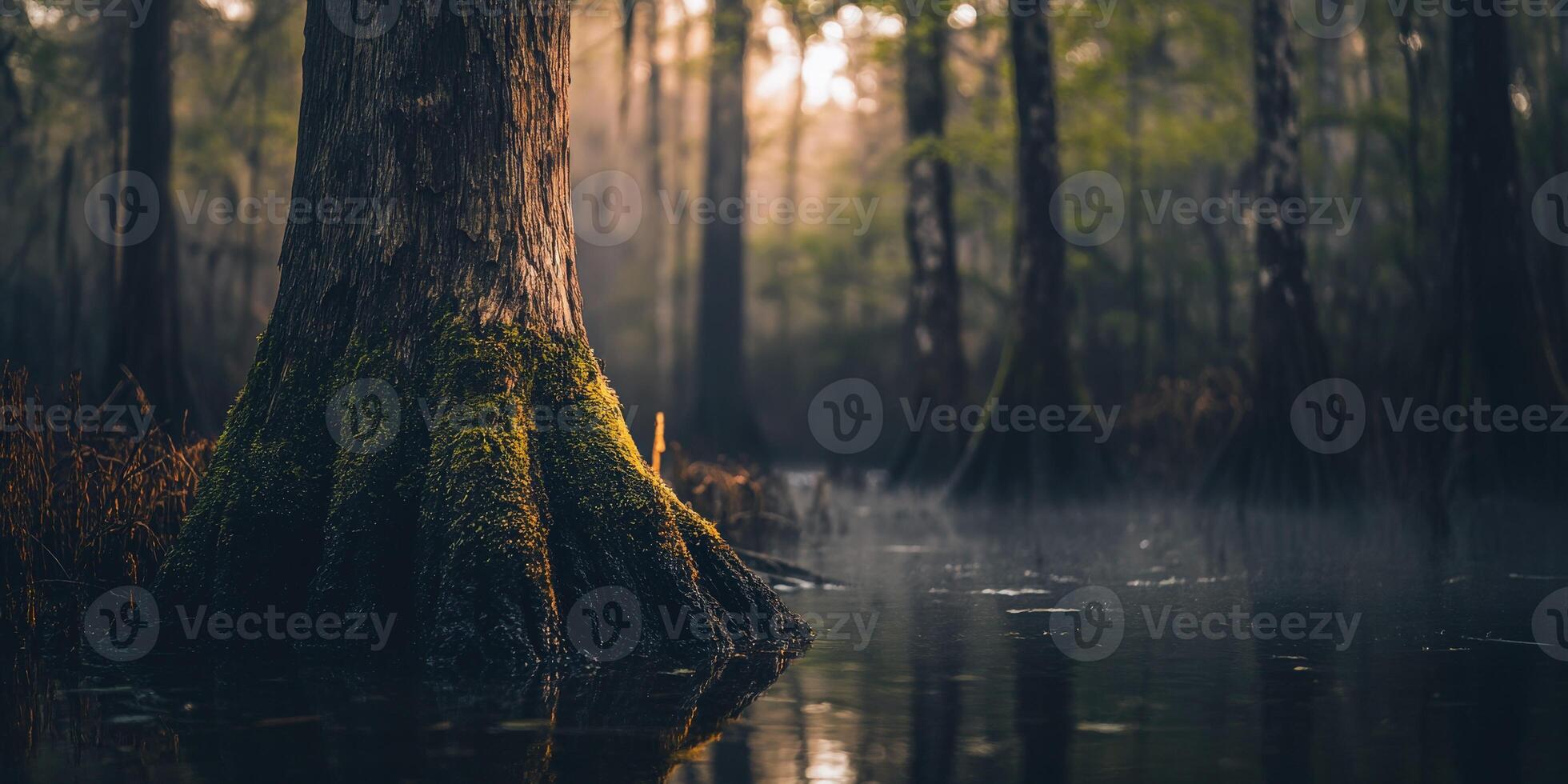 Tree roots emerge from calm water in a misty swamp photo