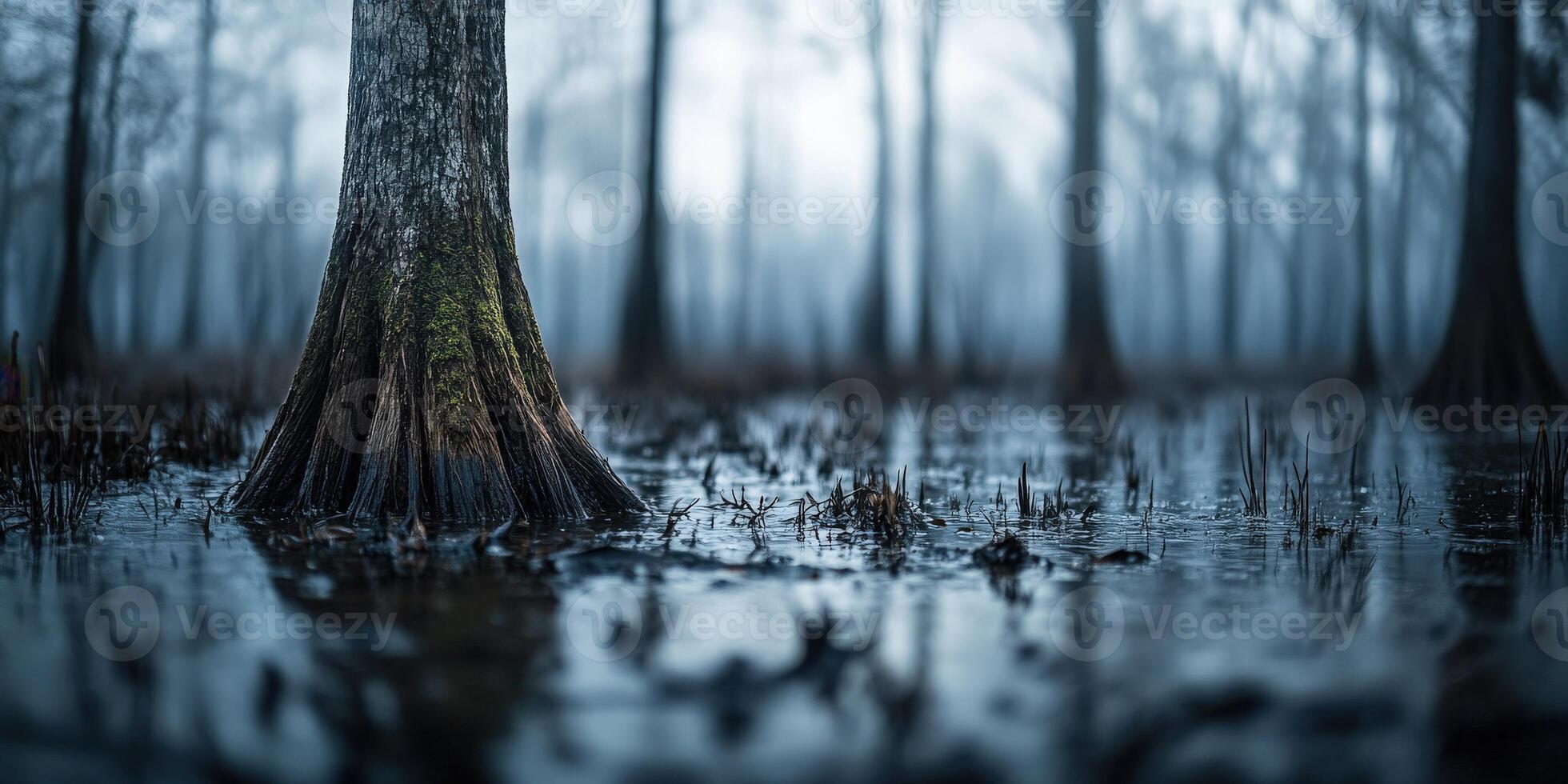 Foggy swamp landscape with cypress trees at dusk photo