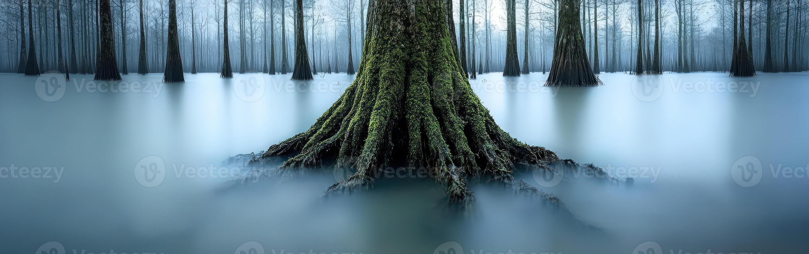 Cypress trees surrounded by misty water landscape photo