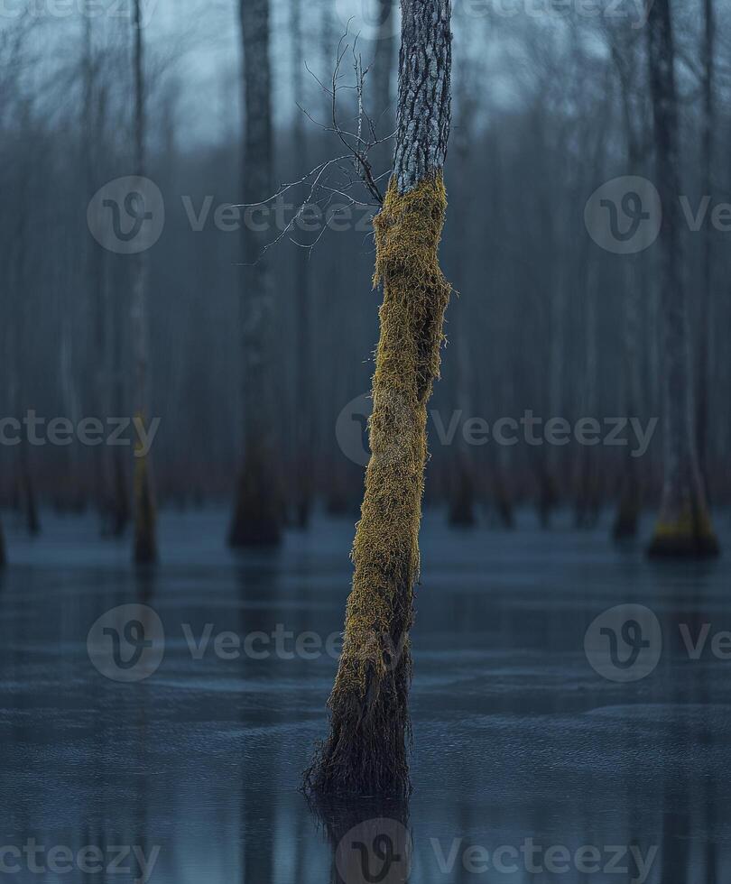 Moss-covered tree in serene swamp during dusk photo