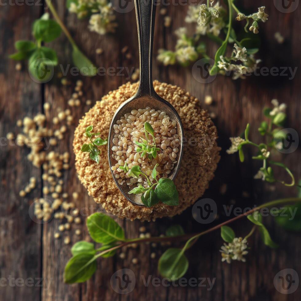 Psyllium seed resting on a wooden surface with herbs photo