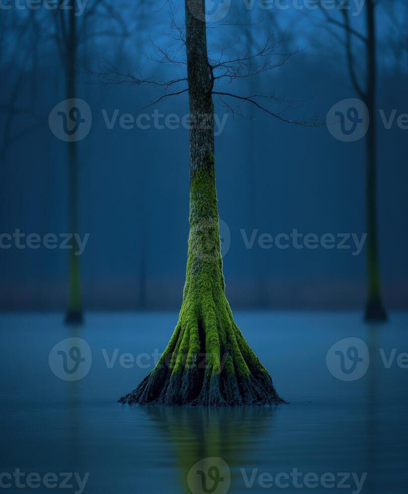 Tall tree with moss reflected in tranquil water at dusk photo